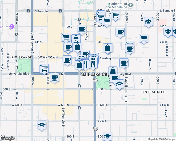 map of restaurants, bars, coffee shops, grocery stores, and more near 381 Cactus Street in Salt Lake City