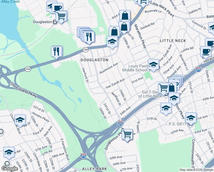 map of restaurants, bars, coffee shops, grocery stores, and more near 242-17 Van Zandt Avenue in Queens