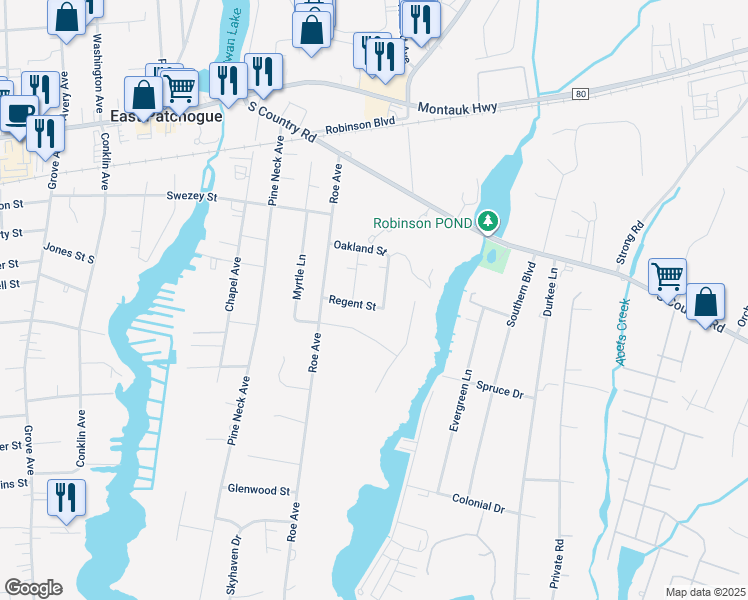 map of restaurants, bars, coffee shops, grocery stores, and more near 49 Regent Street in Patchogue