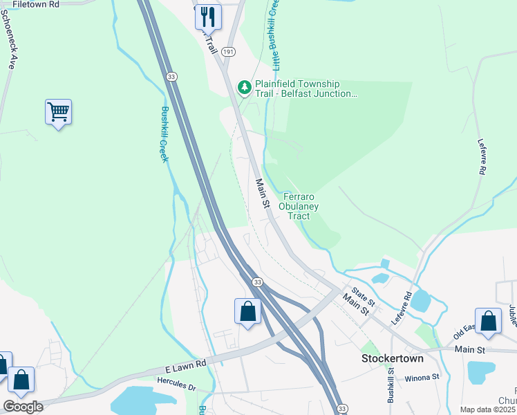 map of restaurants, bars, coffee shops, grocery stores, and more near in Forks Township