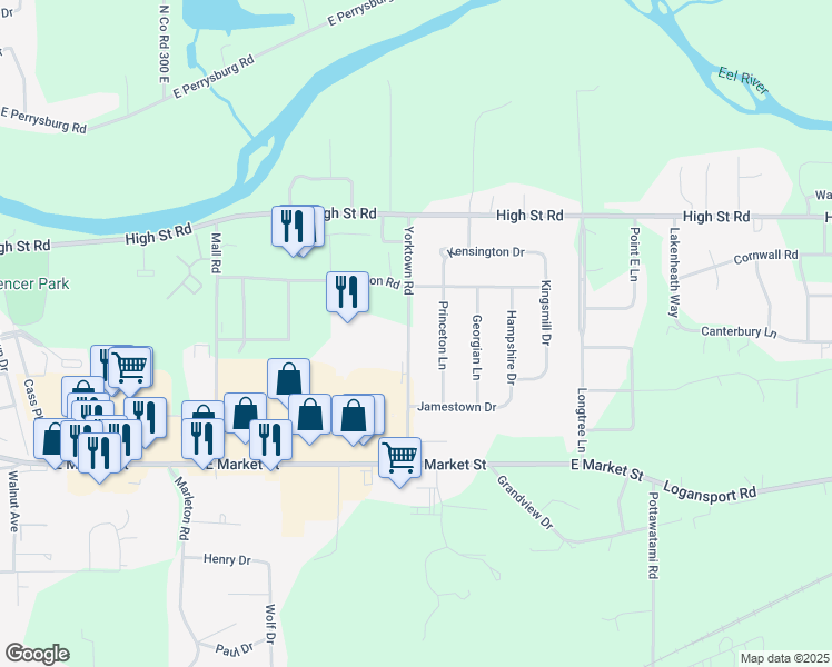 map of restaurants, bars, coffee shops, grocery stores, and more near 302 Yorktown Road in Logansport