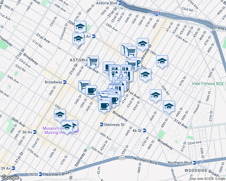 map of restaurants, bars, coffee shops, grocery stores, and more near 31-28 38th Street in Queens