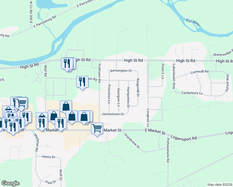 map of restaurants, bars, coffee shops, grocery stores, and more near 301 Georgian Lane in Logansport