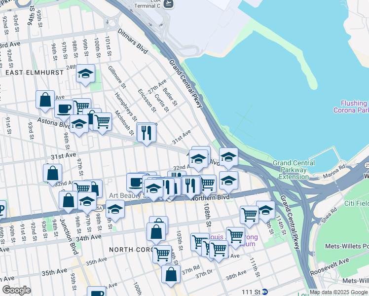 map of restaurants, bars, coffee shops, grocery stores, and more near 31-20 Couch Place in Queens