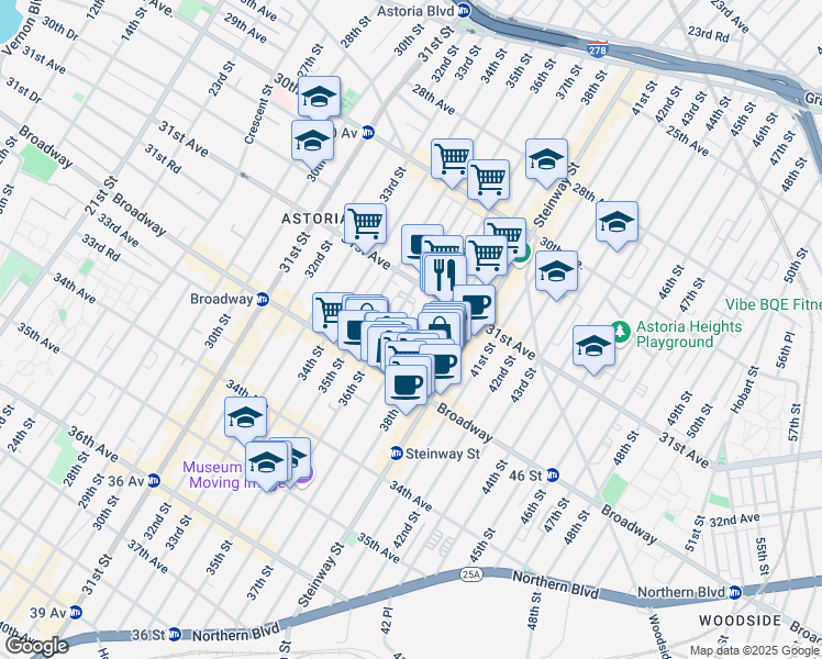 map of restaurants, bars, coffee shops, grocery stores, and more near 31-48 37th Street in Queens
