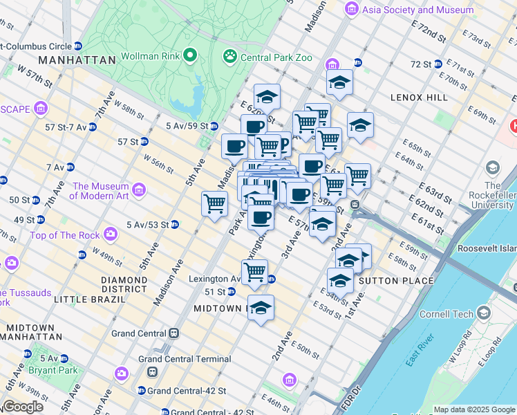 map of restaurants, bars, coffee shops, grocery stores, and more near 110 East 57th Street in New York
