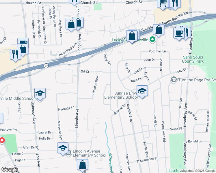 map of restaurants, bars, coffee shops, grocery stores, and more near 18 Richmar Drive in Sayville