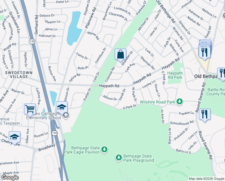 map of restaurants, bars, coffee shops, grocery stores, and more near 11 Sheli Dr in Old Bethpage