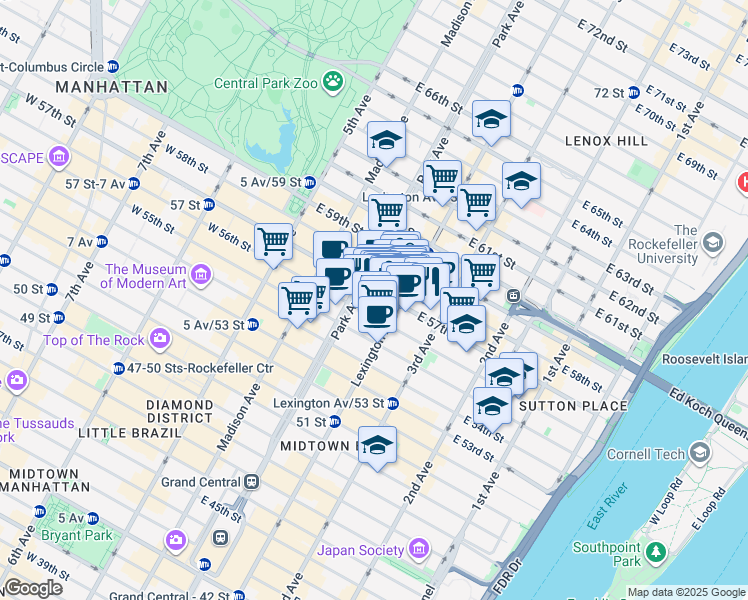 map of restaurants, bars, coffee shops, grocery stores, and more near 445 Park Avenue in New York