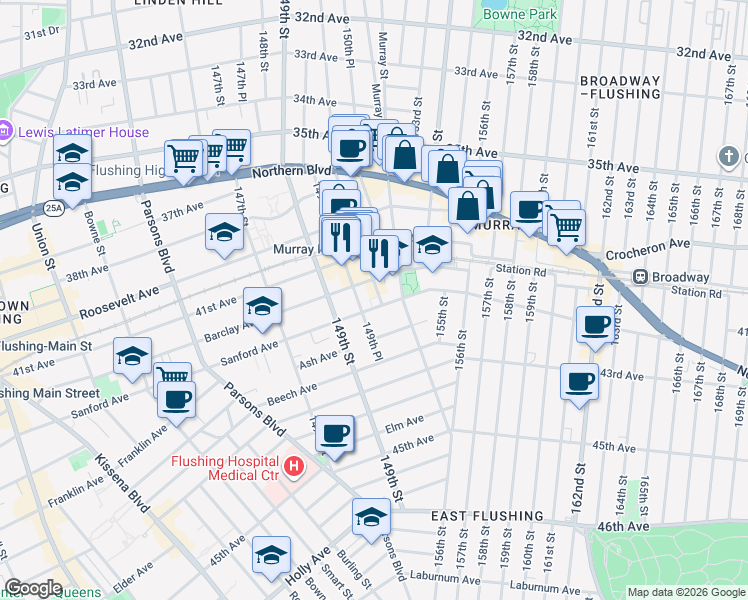 map of restaurants, bars, coffee shops, grocery stores, and more near 149-49 Sanford Avenue in Queens