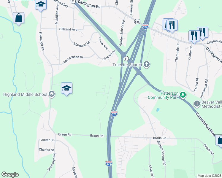map of restaurants, bars, coffee shops, grocery stores, and more near 331 Cherokee Drive in Beaver Falls