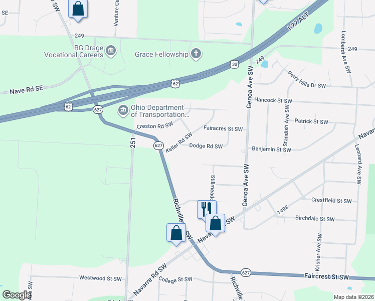 map of restaurants, bars, coffee shops, grocery stores, and more near 6310 Dodge Road Southwest in Canton