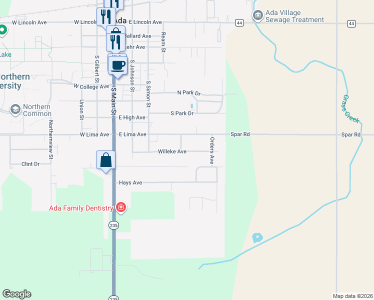 map of restaurants, bars, coffee shops, grocery stores, and more near 414 Willeke Ave in Ada