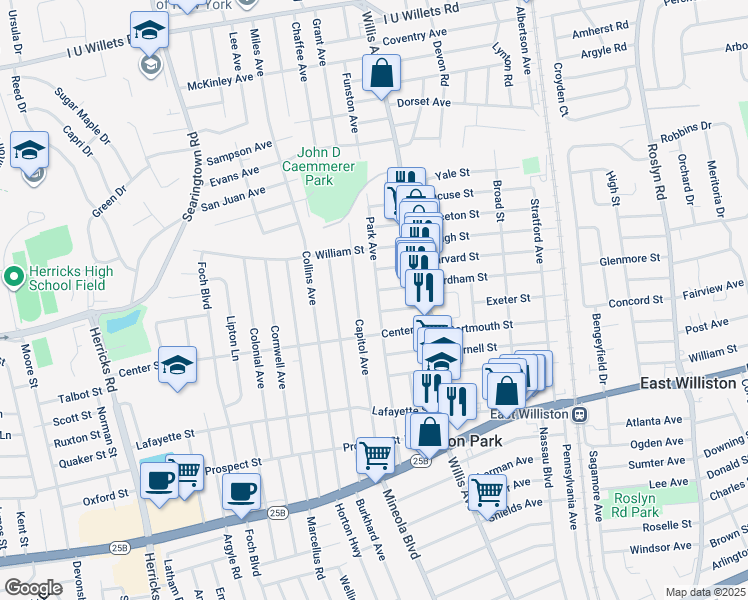 map of restaurants, bars, coffee shops, grocery stores, and more near 182 Park Avenue in Williston Park