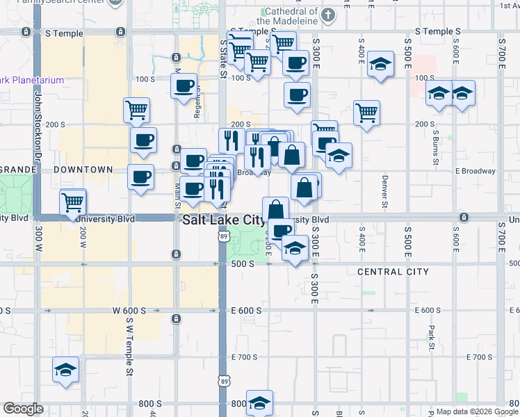 map of restaurants, bars, coffee shops, grocery stores, and more near 175 East 400 South in Salt Lake City