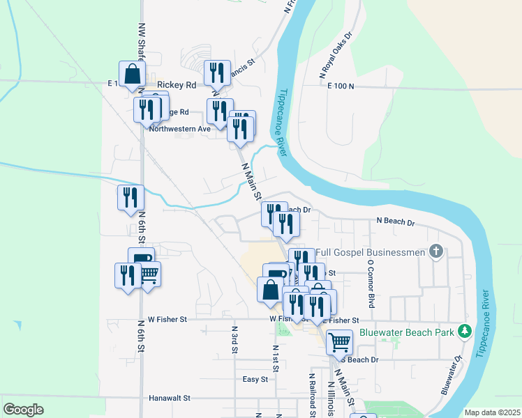 map of restaurants, bars, coffee shops, grocery stores, and more near 186 N Beach Dr in Monticello