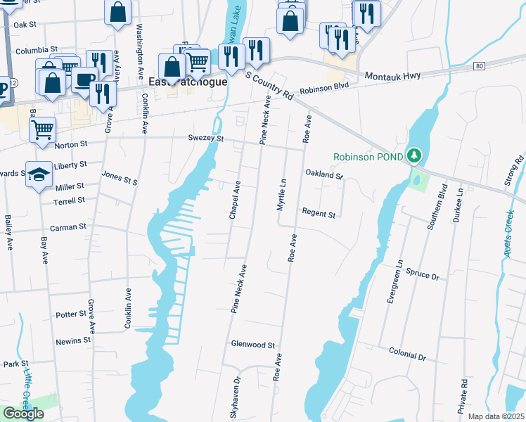 map of restaurants, bars, coffee shops, grocery stores, and more near 99 Pine Neck Avenue in Patchogue