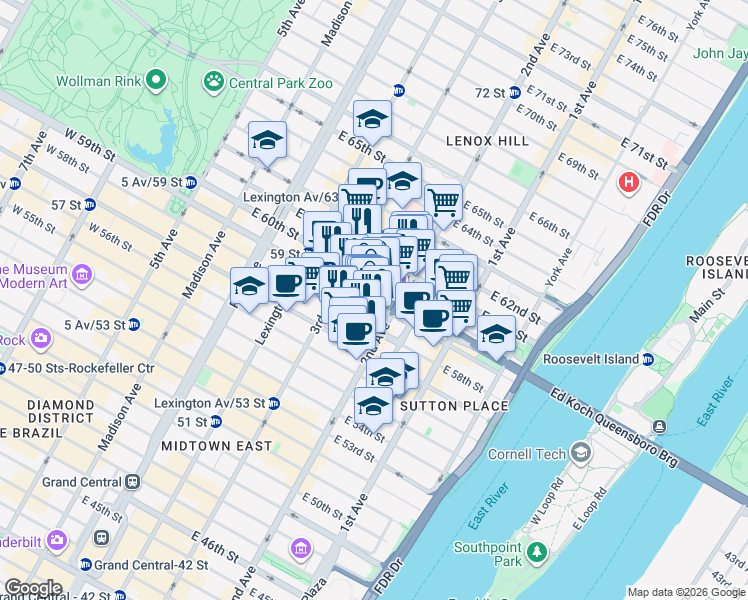 map of restaurants, bars, coffee shops, grocery stores, and more near 979 3rd Avenue in New York