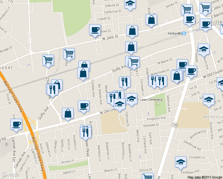 map of restaurants, bars, coffee shops, grocery stores, and more near 4 Bonnie Court in Hicksville