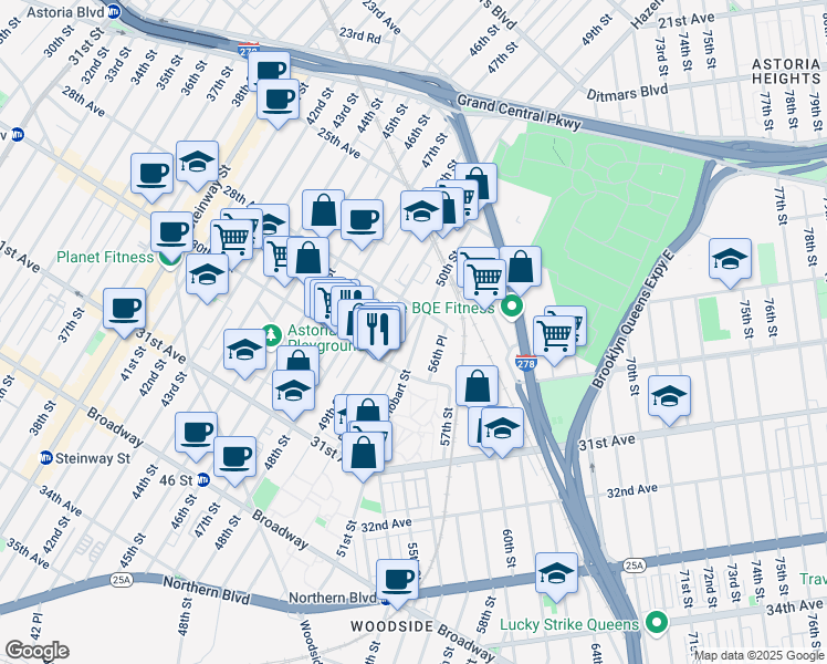 map of restaurants, bars, coffee shops, grocery stores, and more near 28-28 50th Street in Queens