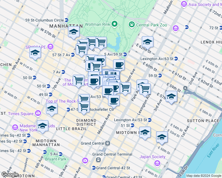 map of restaurants, bars, coffee shops, grocery stores, and more near 689 5th Avenue in New York