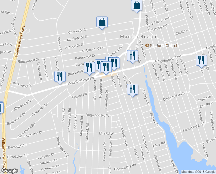 map of restaurants, bars, coffee shops, grocery stores, and more near 279 Laurelton Drive in Mastic Beach