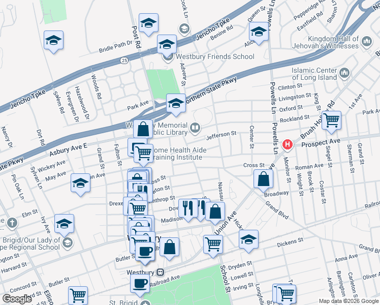 map of restaurants, bars, coffee shops, grocery stores, and more near 337 School Street in Westbury
