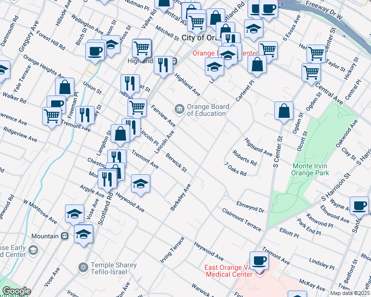 map of restaurants, bars, coffee shops, grocery stores, and more near 387 Hillside Avenue in City of Orange