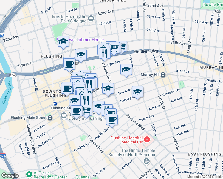 map of restaurants, bars, coffee shops, grocery stores, and more near 4010 Parsons Boulevard in Queens