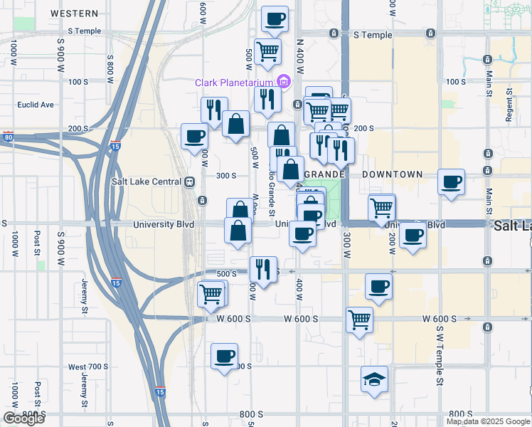 map of restaurants, bars, coffee shops, grocery stores, and more near 382 South Rio Grande Street in Salt Lake City