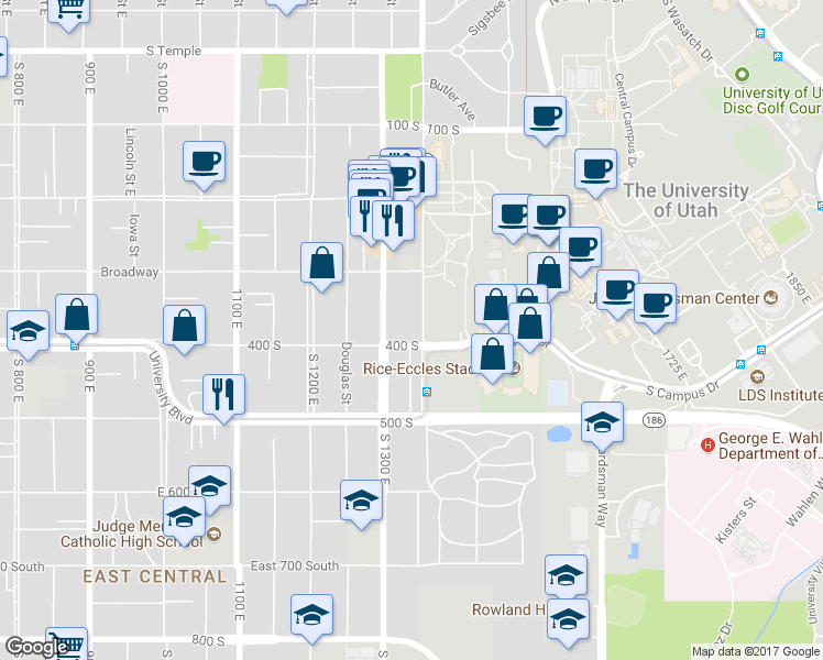 map of restaurants, bars, coffee shops, grocery stores, and more near 1309 East 400 South in Salt Lake City