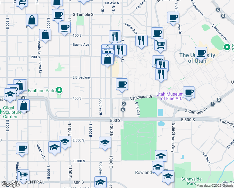 map of restaurants, bars, coffee shops, grocery stores, and more near 1309 East 400 South in Salt Lake City