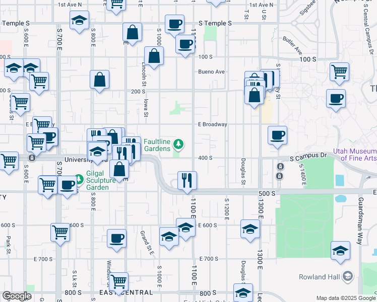 map of restaurants, bars, coffee shops, grocery stores, and more near 1103 East 400 South in Salt Lake City