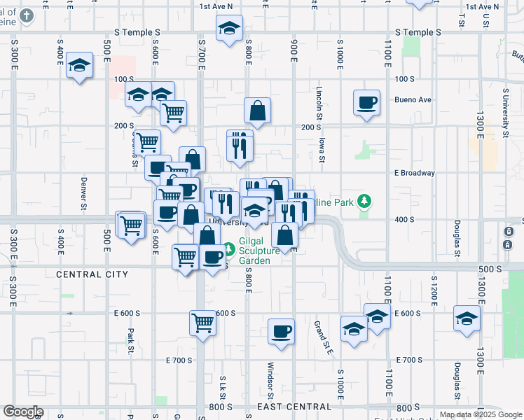 map of restaurants, bars, coffee shops, grocery stores, and more near 837 East 400 South in Salt Lake City
