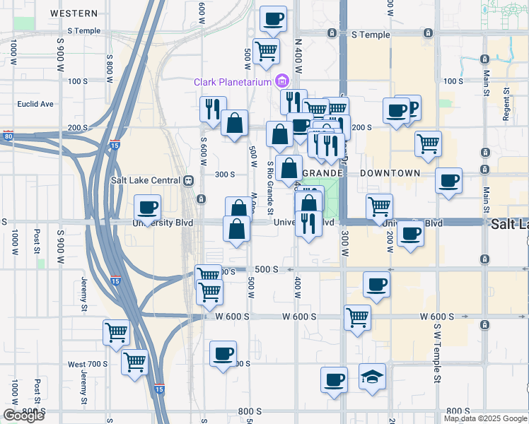 map of restaurants, bars, coffee shops, grocery stores, and more near 382 South Rio Grande Street in Salt Lake City