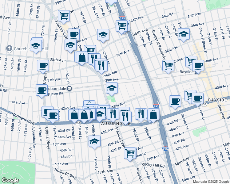map of restaurants, bars, coffee shops, grocery stores, and more near 40-19 201st Street in Queens