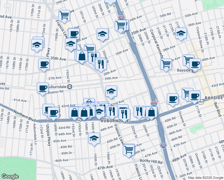 map of restaurants, bars, coffee shops, grocery stores, and more near 40-19 201st Street in Queens