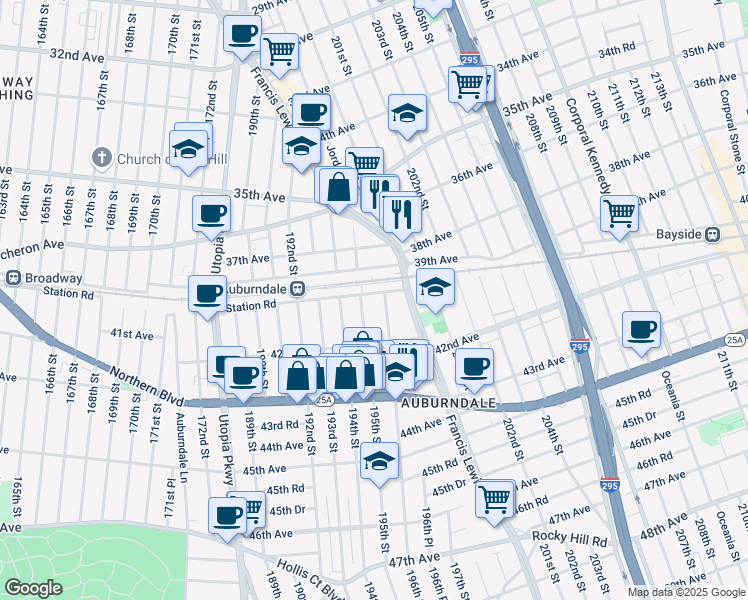 map of restaurants, bars, coffee shops, grocery stores, and more near 40-14 196th Street in Queens