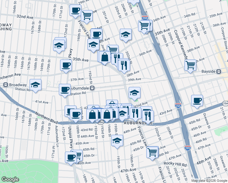 map of restaurants, bars, coffee shops, grocery stores, and more near 40-14 196th Street in Queens