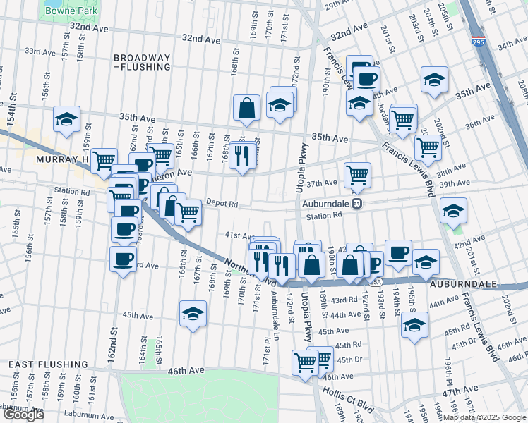 map of restaurants, bars, coffee shops, grocery stores, and more near 40-03 170th Street in Queens