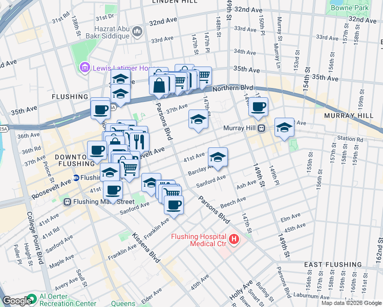 map of restaurants, bars, coffee shops, grocery stores, and more near in Queens