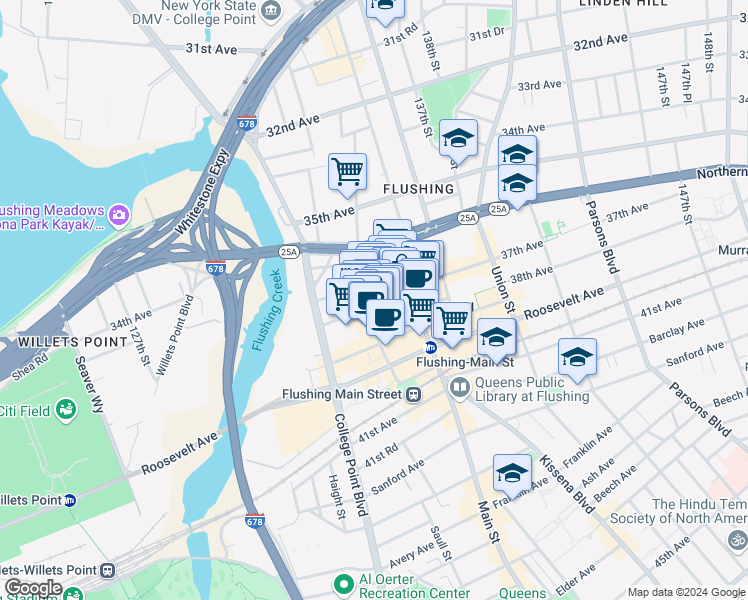 map of restaurants, bars, coffee shops, grocery stores, and more near 135-15 37th Avenue in Queens