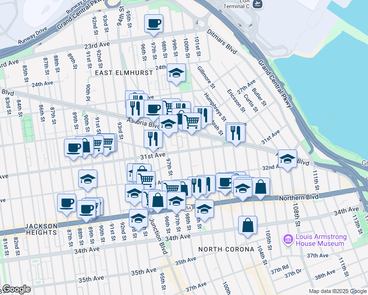 map of restaurants, bars, coffee shops, grocery stores, and more near 98-11 31st Avenue in Queens