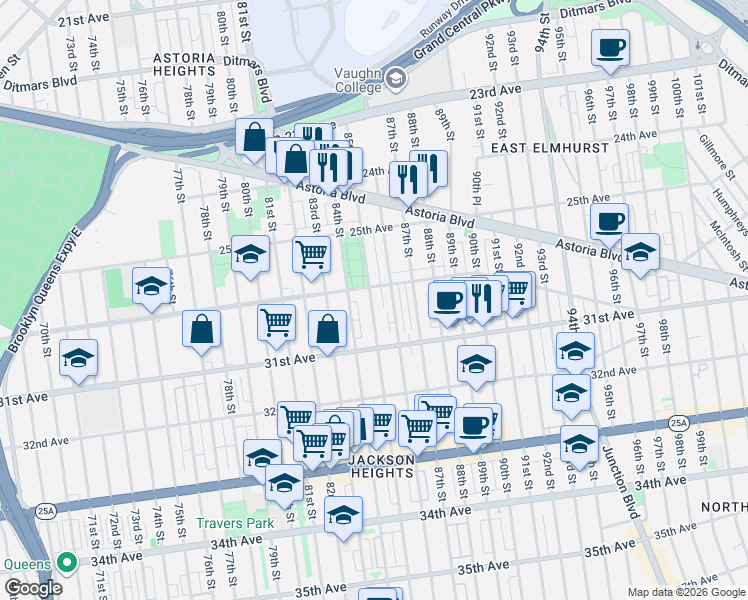 map of restaurants, bars, coffee shops, grocery stores, and more near 30-11 84th Street in Queens
