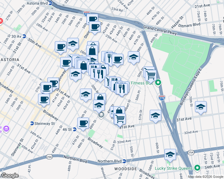 map of restaurants, bars, coffee shops, grocery stores, and more near in Queens