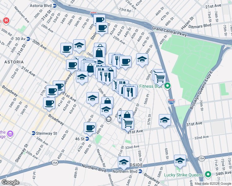 map of restaurants, bars, coffee shops, grocery stores, and more near in Queens