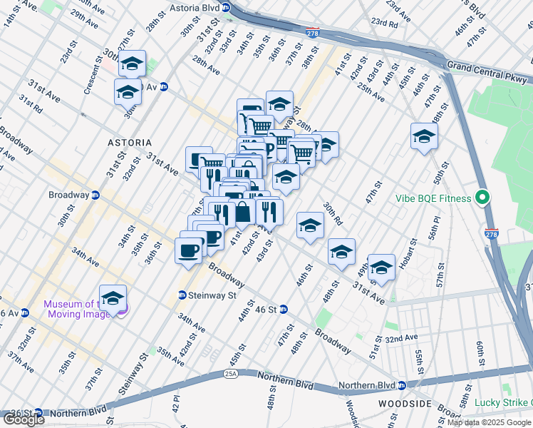 map of restaurants, bars, coffee shops, grocery stores, and more near 30-92 42nd Street in Queens