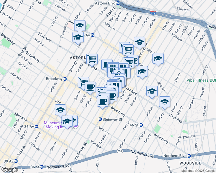 map of restaurants, bars, coffee shops, grocery stores, and more near 31-28 38th Street in Queens