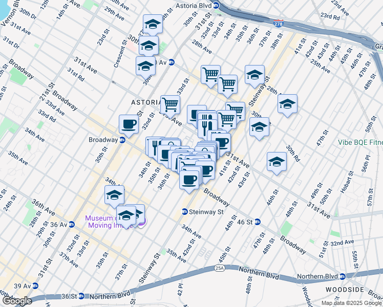 map of restaurants, bars, coffee shops, grocery stores, and more near 31-48 37th Street in Queens