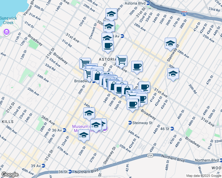map of restaurants, bars, coffee shops, grocery stores, and more near 3403 Broadway in Queens